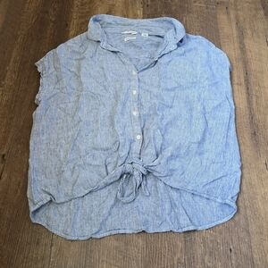 Light Blue Button-Front Tie Hem Linen Top